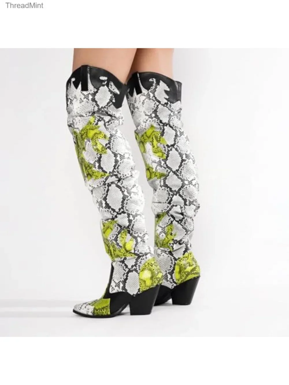 Faux Snakeskin Thigh High Cowboy Boots Chunky Heel Over Knee Western Booties